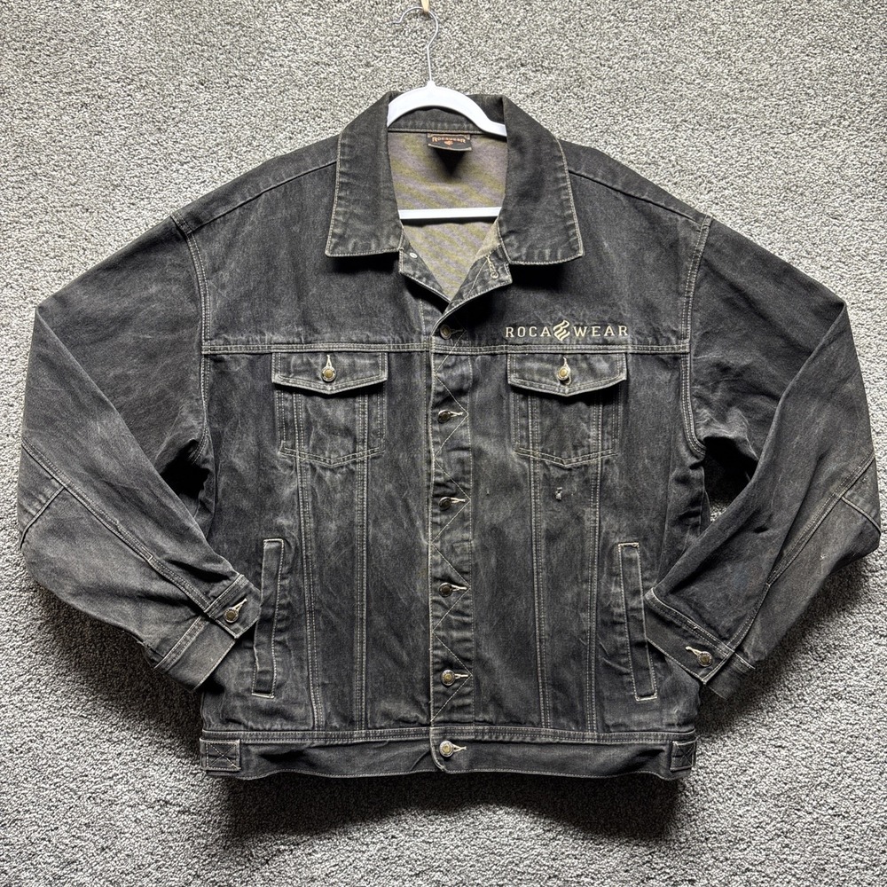 Vintage Rocawear Denim Trucker Jacket Men XL Y2K 90s Distressed Streetwear Black